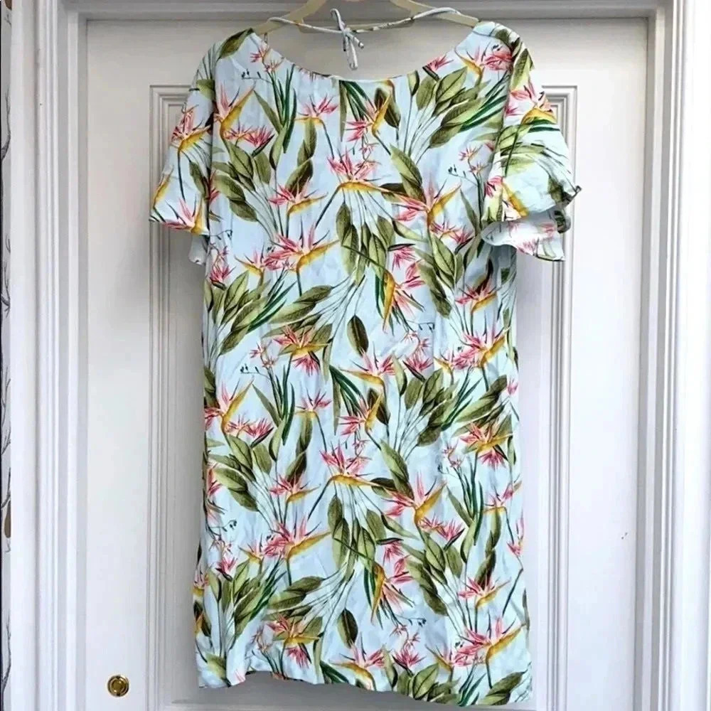 Zara Tropical Jungle Floral Print Ruffle Short Sleeve Low Back Mini Dress Size M - Picture 2 of 9